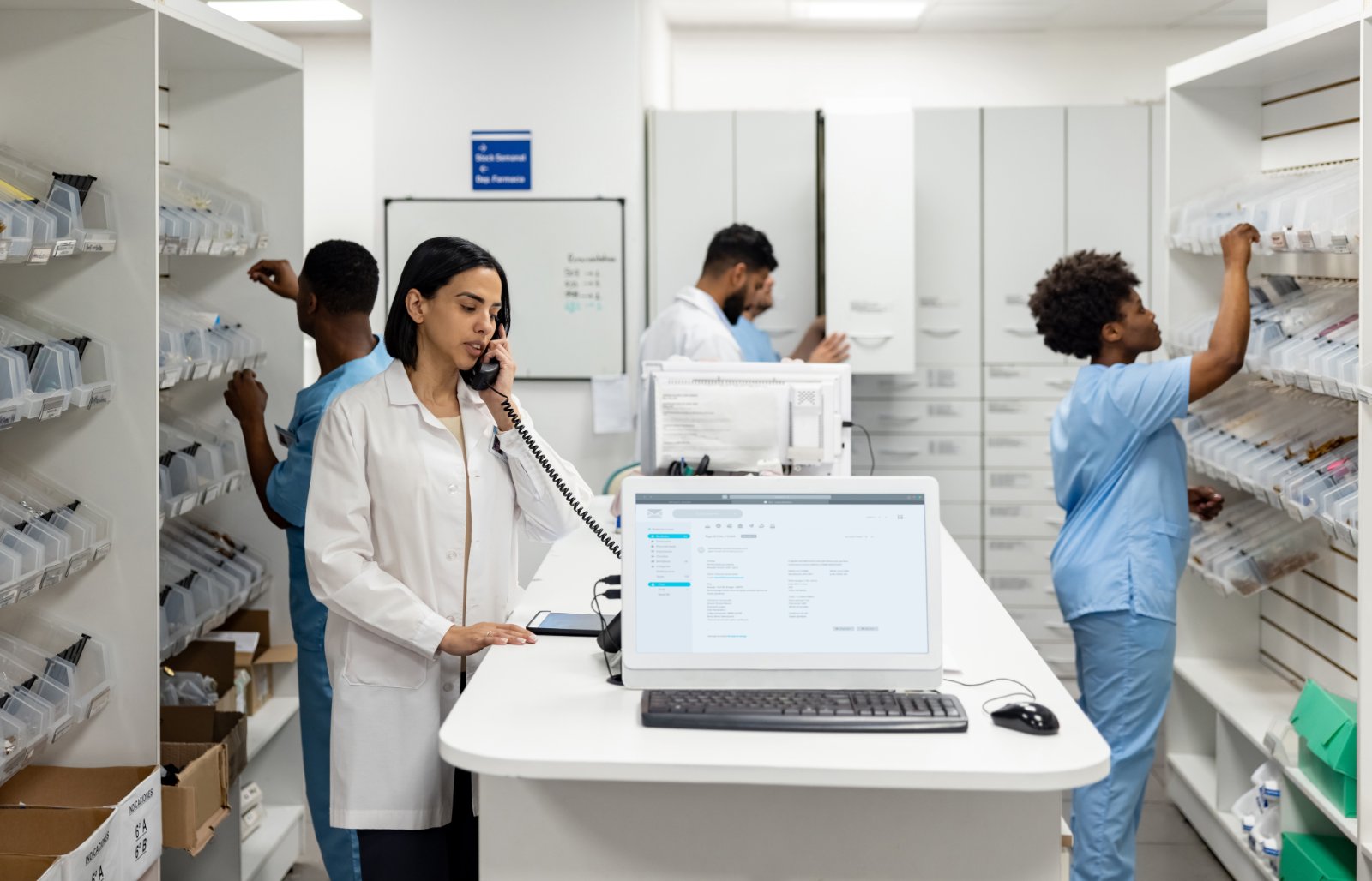 Pharmacy team collaborating in an investigational drug services pharmacy